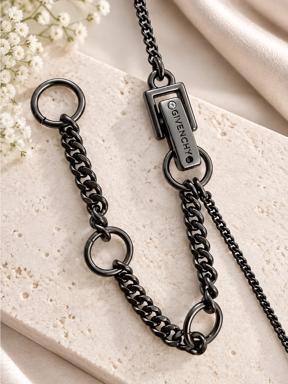 Givenchy Gunmetal Crystal Drop Y Necklace Black Faceted Rhinestones Adjustable
